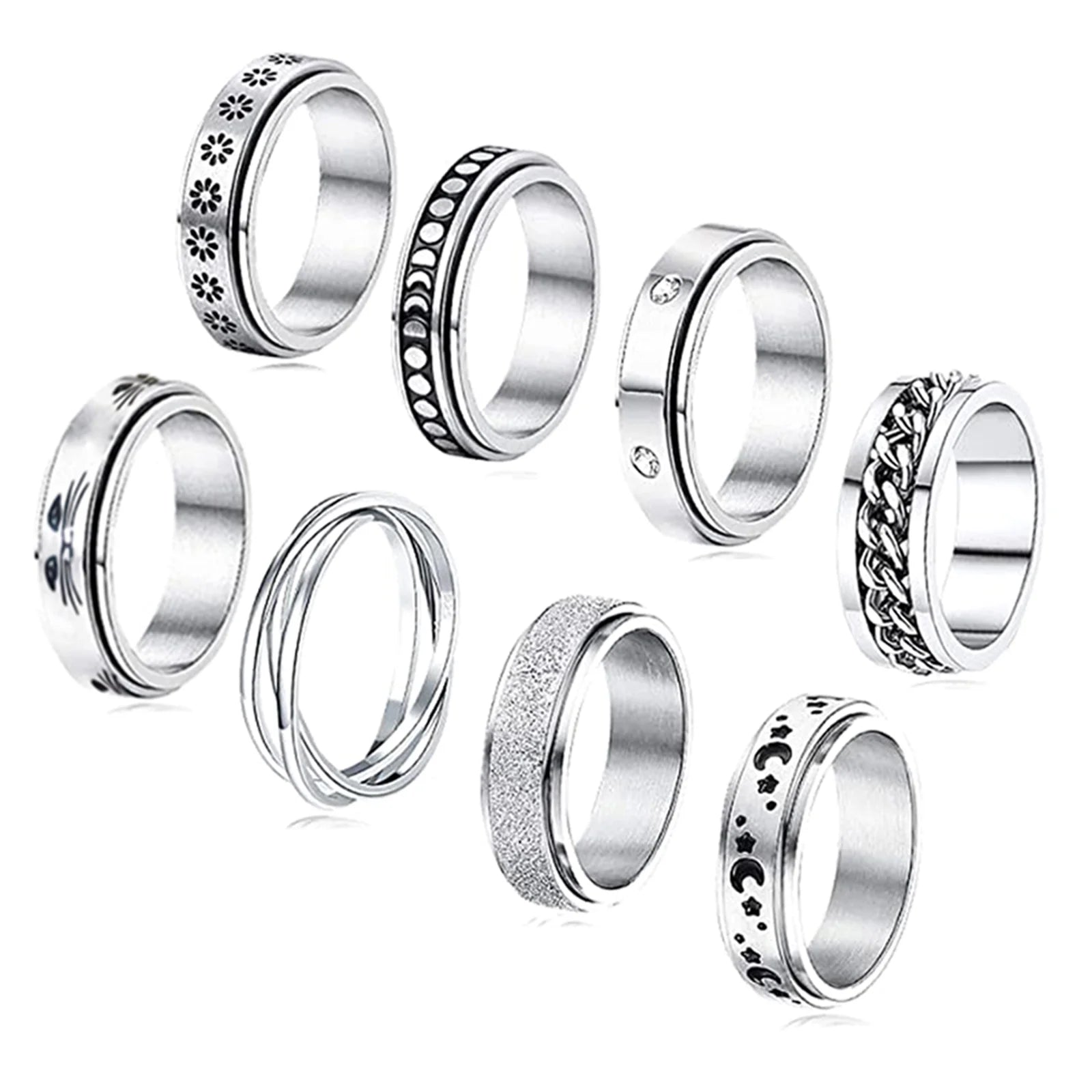 Gilded Grace™ | 8 Pack Stainless Steel Fidget Rings