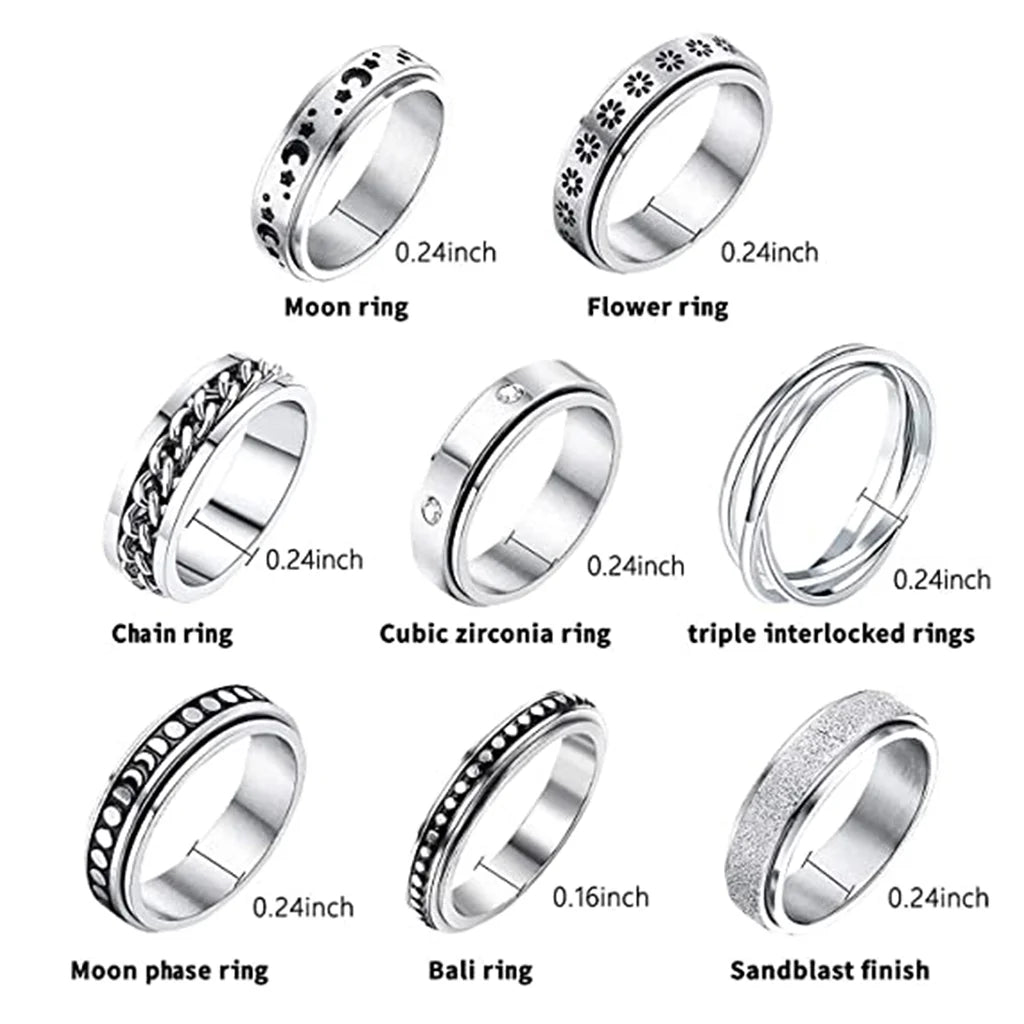 Gilded Grace™ | 8 Pack Stainless Steel Fidget Rings